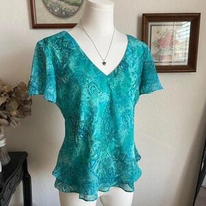 Vintage Y2K Sheer Turquoise Boho Floral Print Top (No Tag)